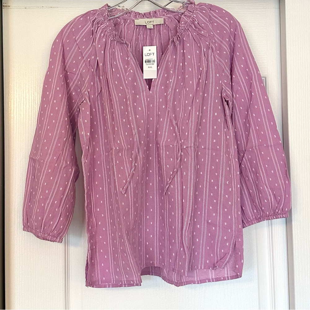 LOFT Vibrant Lilac Dobby Tie Neck Top Size XXS NWT